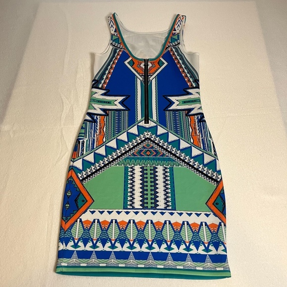Peach Puff Dress Womens Small Blue Green Aztec Sleeveless Bodycon Geometric Mini - Picture 10 of 14